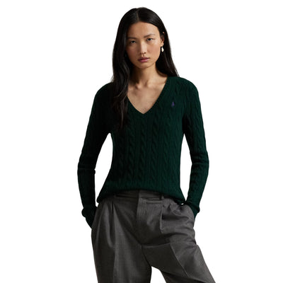 Maglia Donna a trecce con scollo a V Verde scuro modella frontale