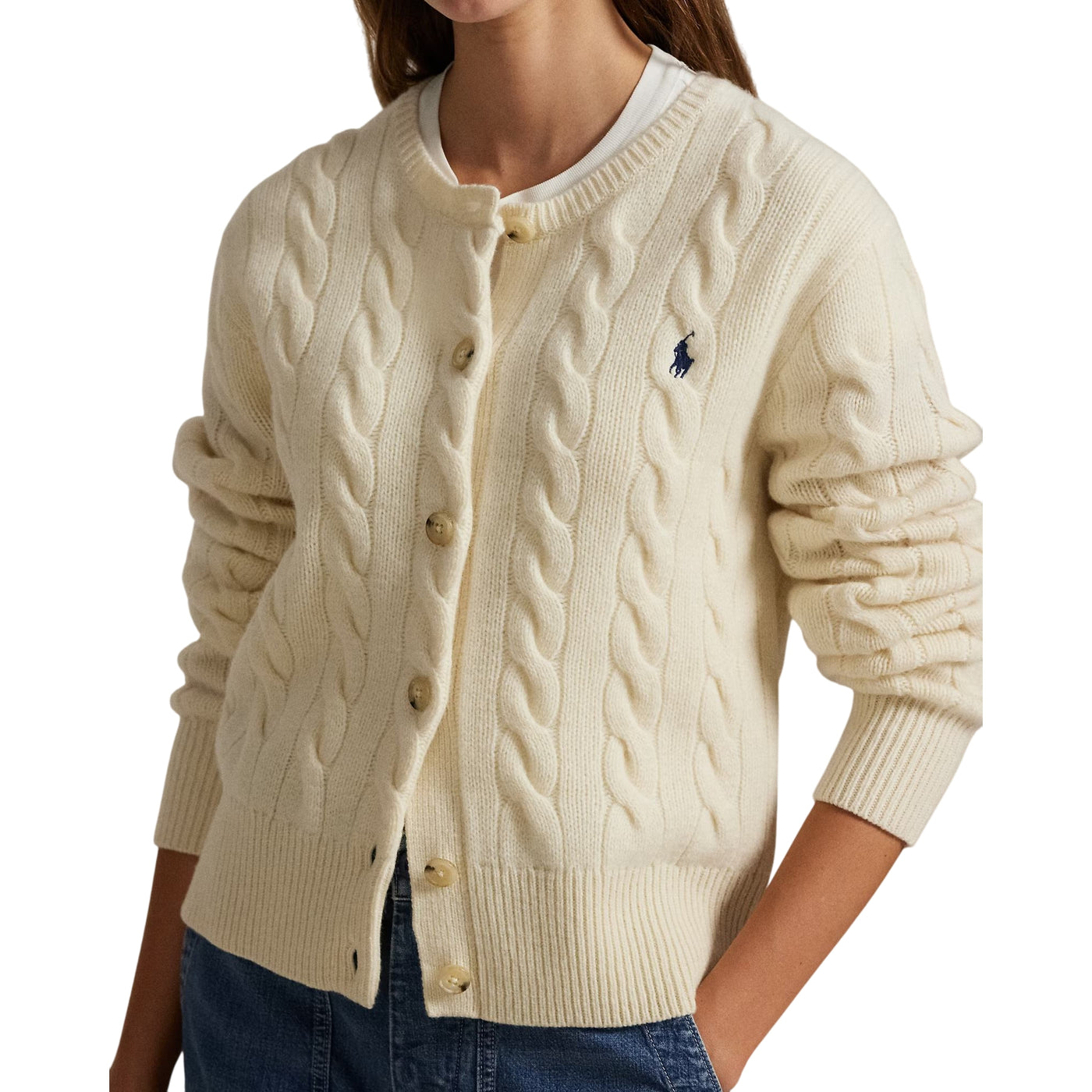 Cardigan Donna a trecce con bottoni Crema modella frontale