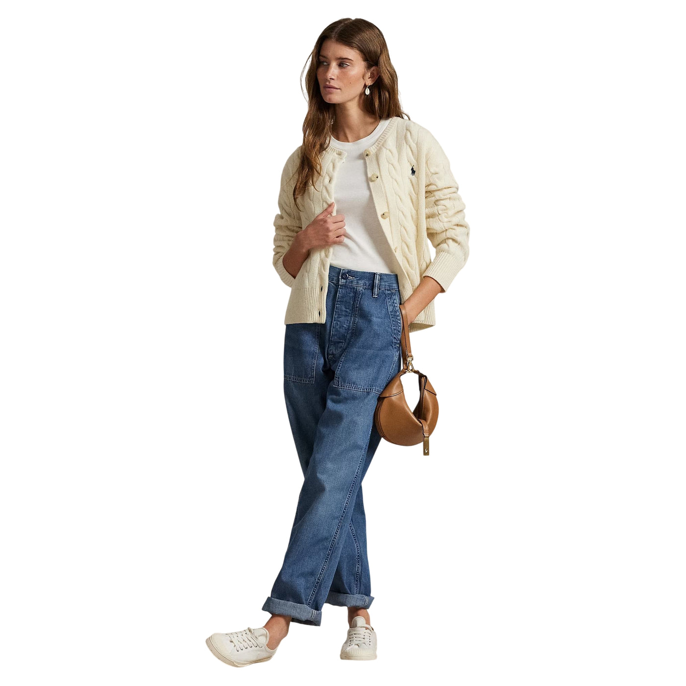 Cardigan Donna a trecce con bottoni Crema modella intera frontale