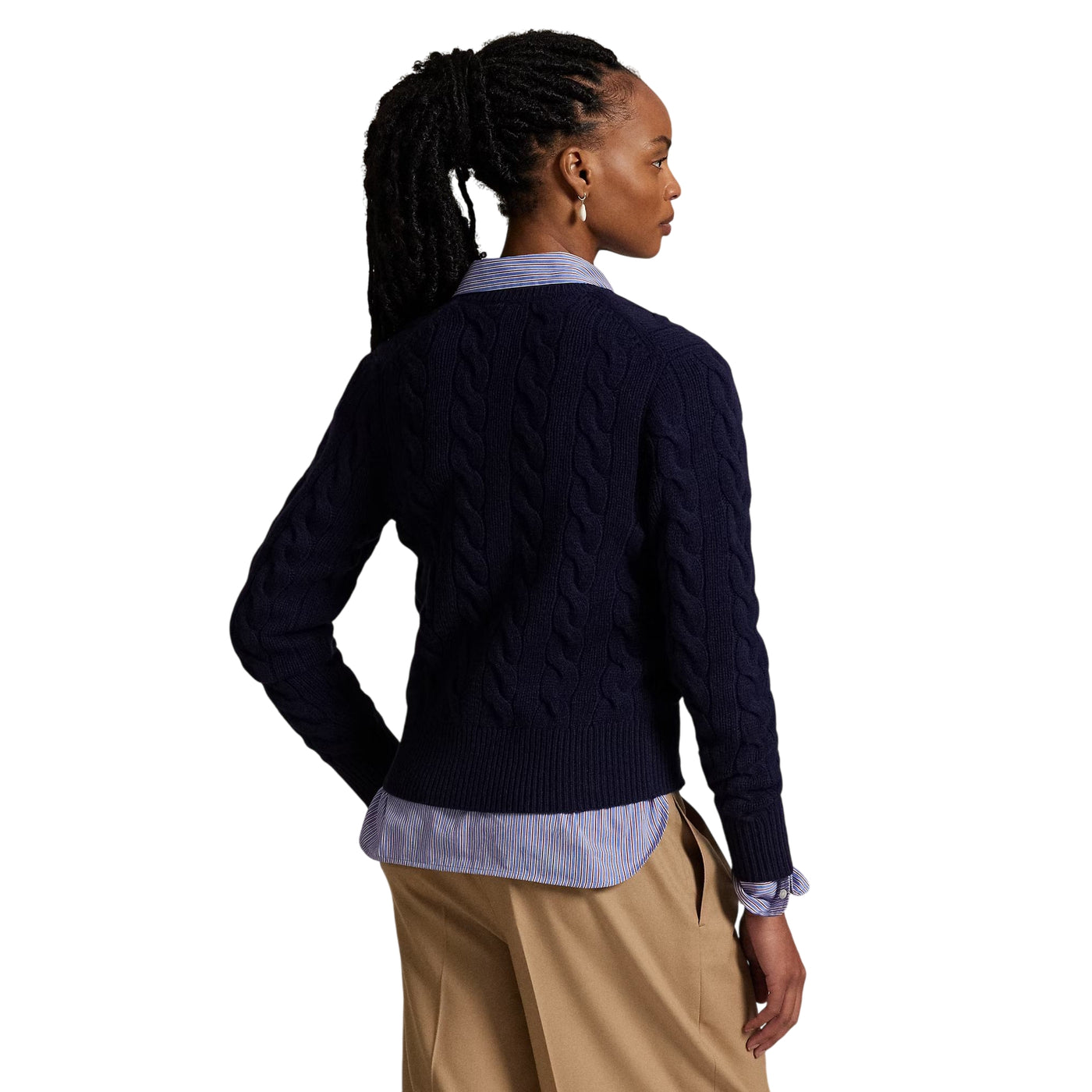 Cardigan Donna a trecce con bottoni Navy modella retro