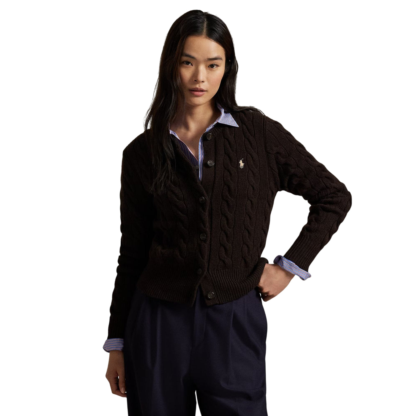 Cardigan Donna a trecce con bottoni Marrone modella frontale