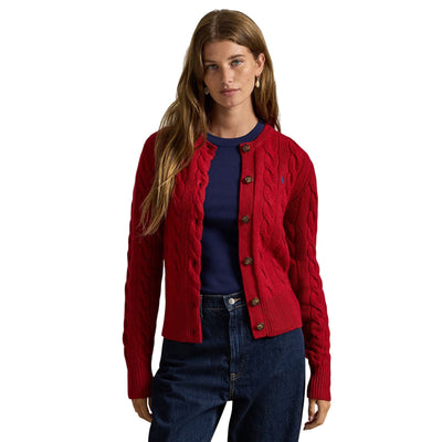 Cardigan Donna a trecce con bottoni Rosso modella frontale