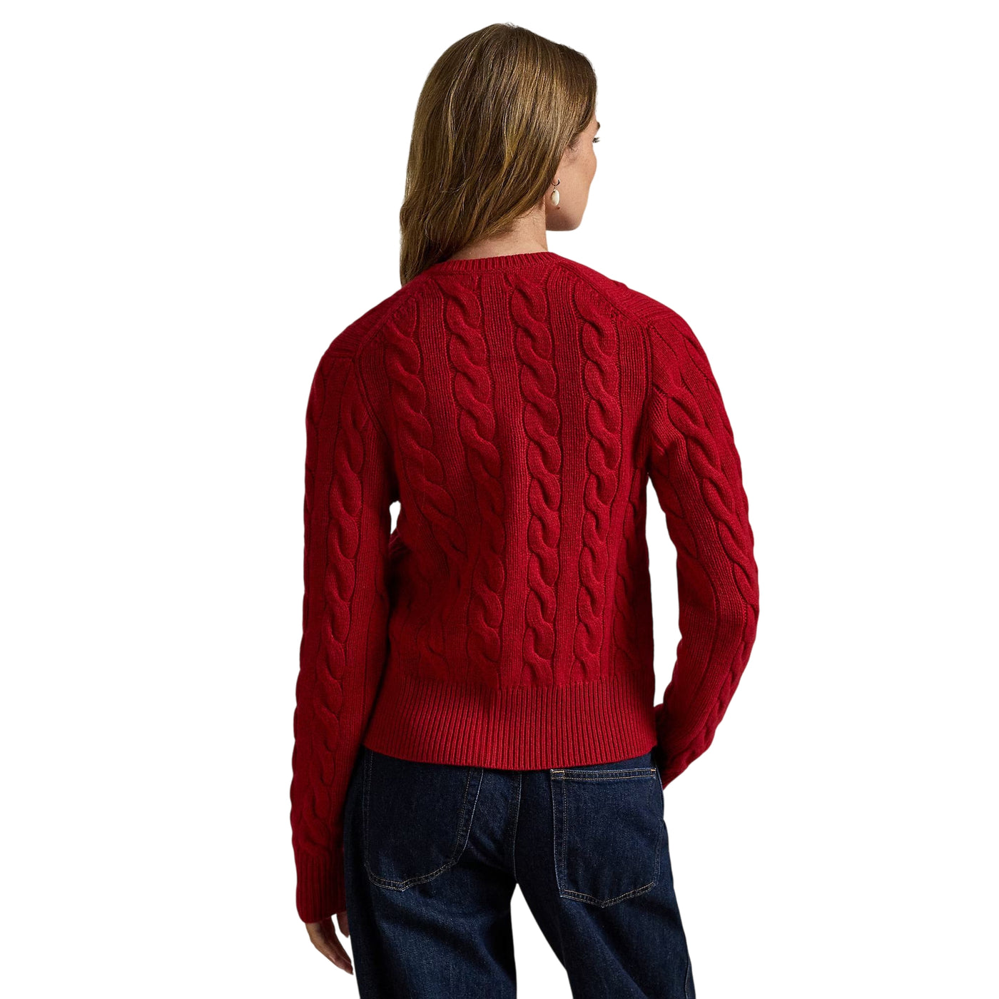 Cardigan Donna a trecce con bottoni Rosso modella retro