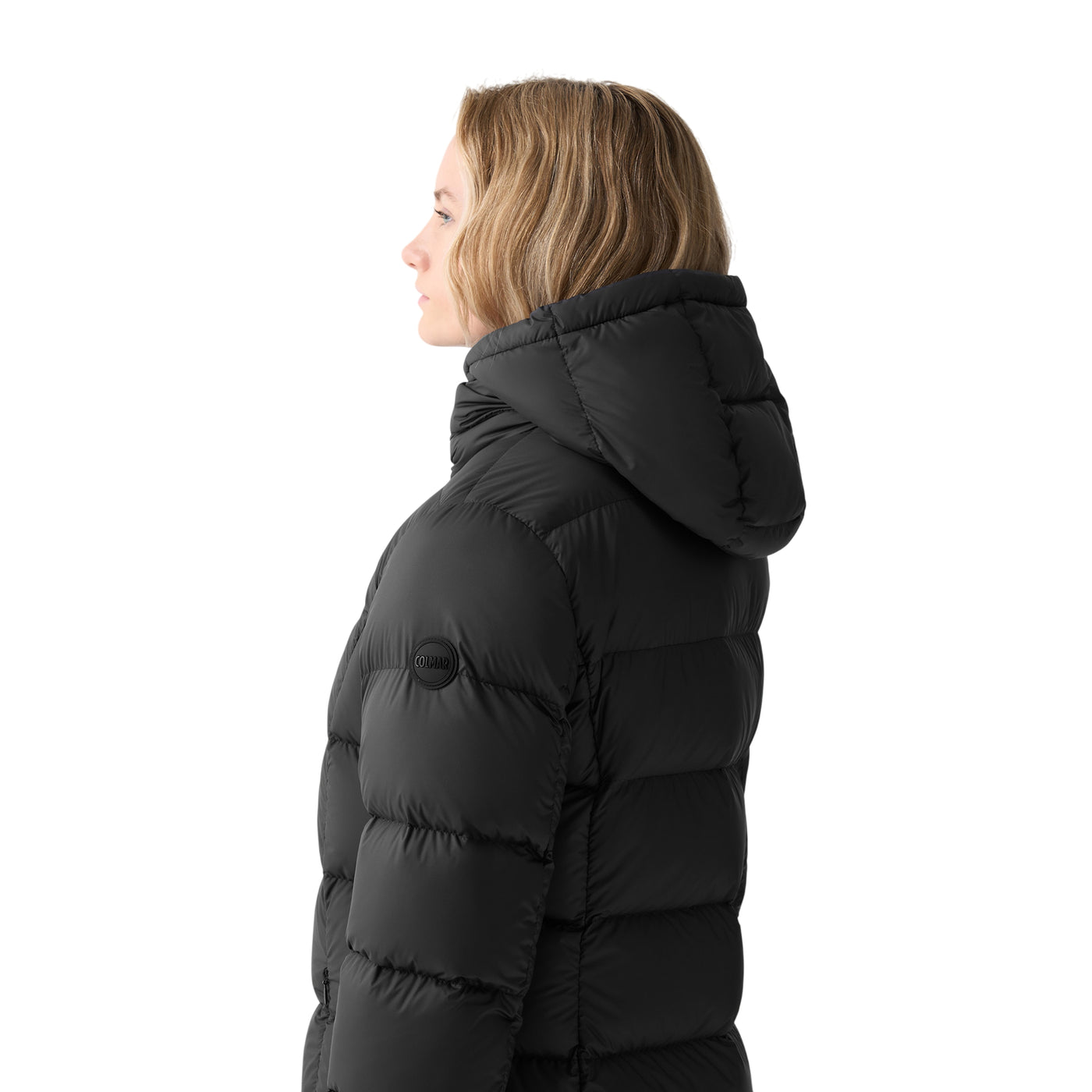 Piumino Donna lungo, con cappuccio ed inserti a righe orizzontali