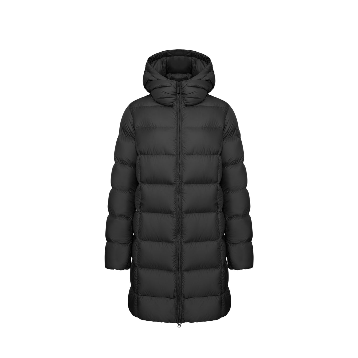 Piumino Donna lungo, con cappuccio ed inserti a righe orizzontali