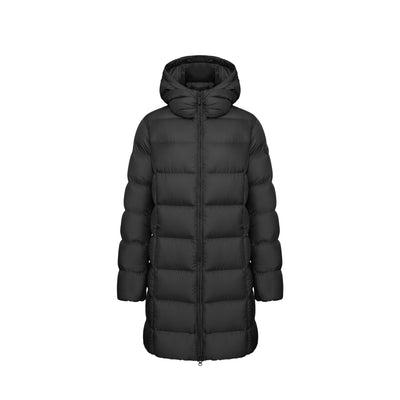 Piumino Donna lungo, con cappuccio ed inserti a righe orizzontali