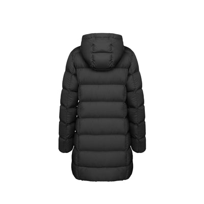 Piumino Donna lungo, con cappuccio ed inserti a righe orizzontali