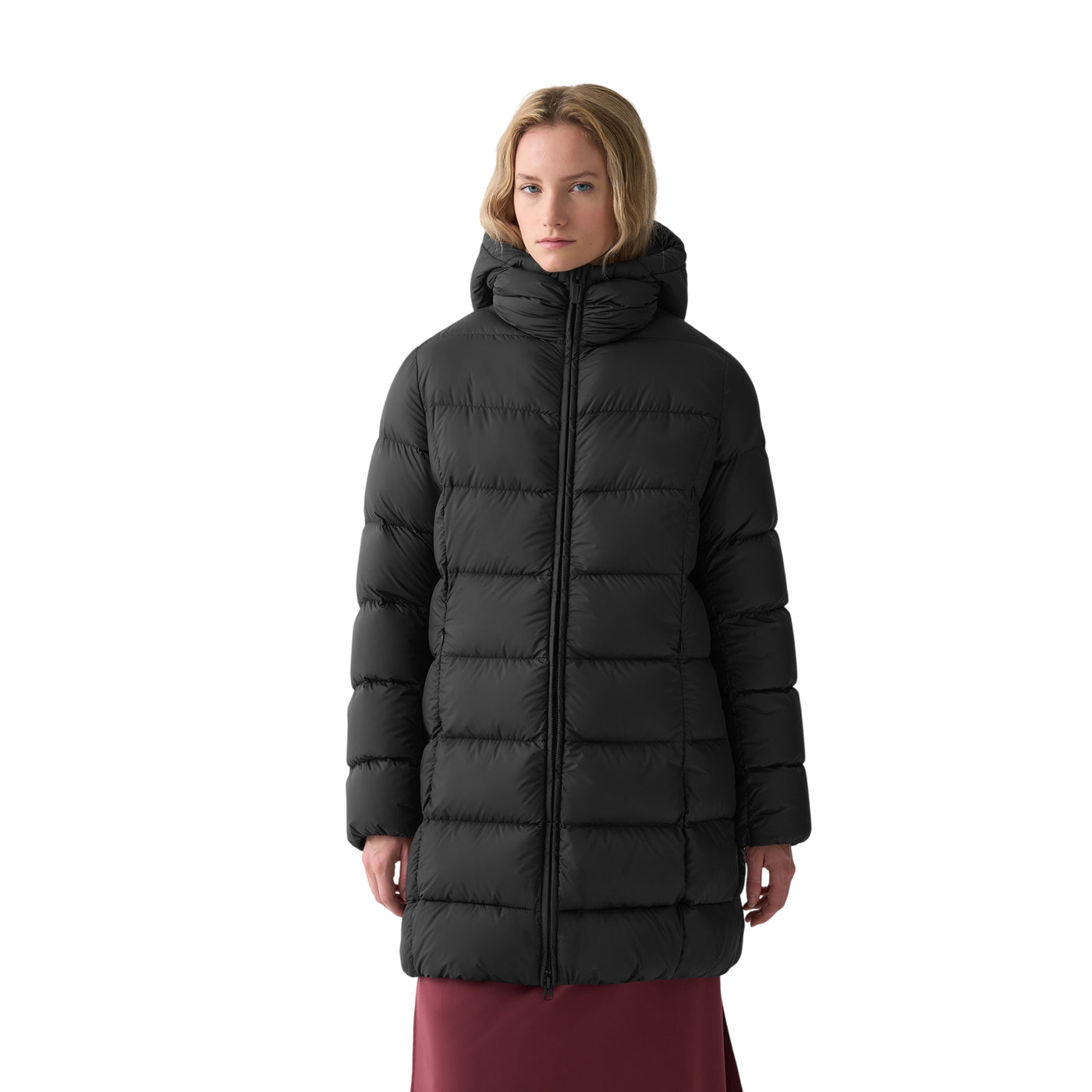 Piumino Donna lungo, con cappuccio ed inserti a righe orizzontali