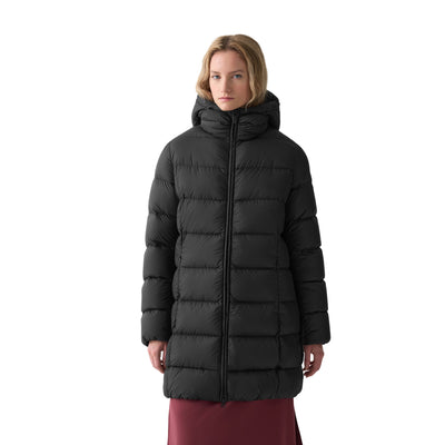 Piumino Donna lungo, con cappuccio ed inserti a righe orizzontali