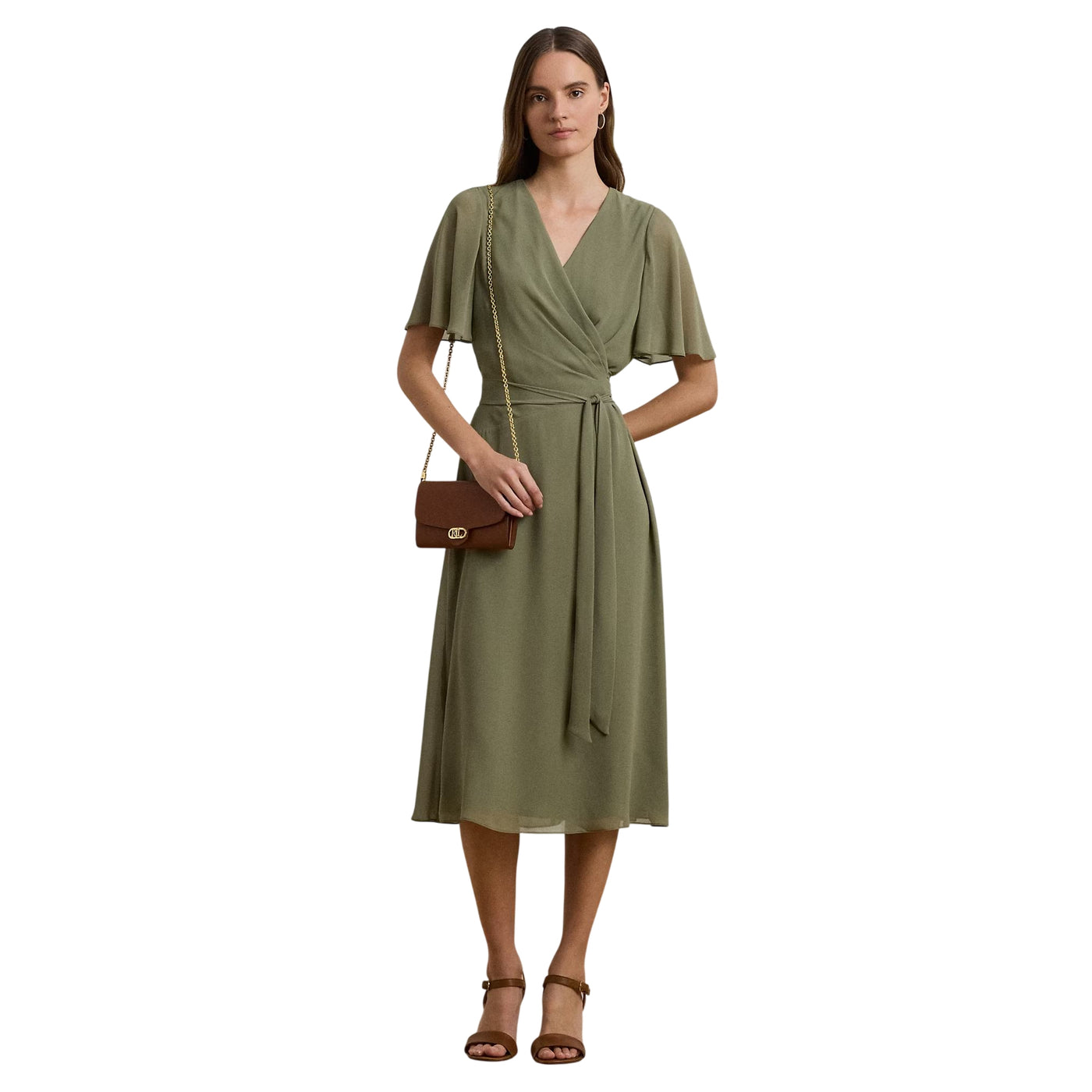 Abito Donna in georgette con cintura Verde oliva modella frontale