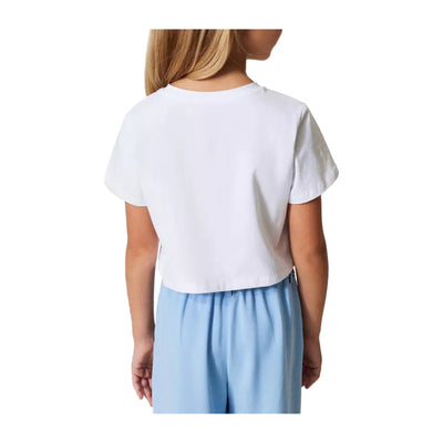 T-shirt Bambina Bianca cropped con logo modella retro