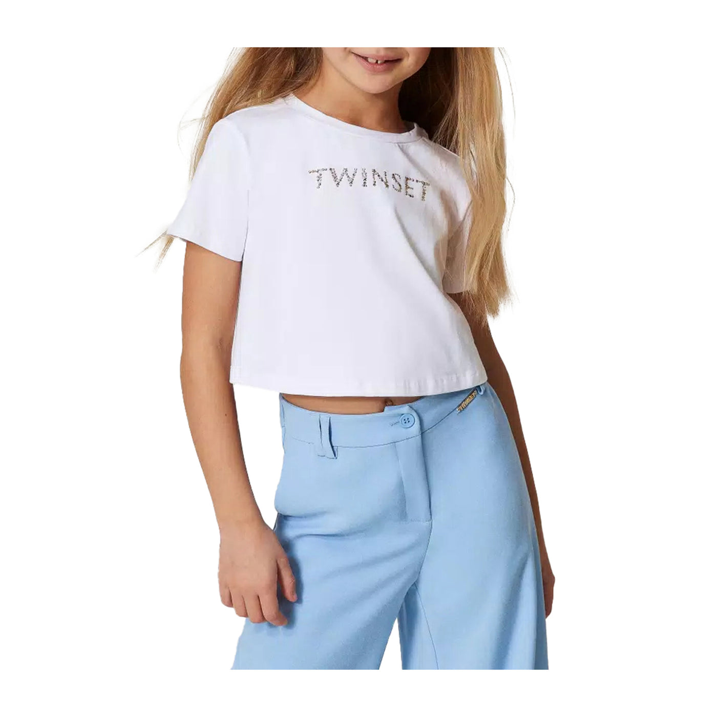 T-shirt Bambina Bianca cropped con logo modella frontale