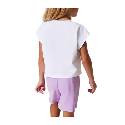 T-shirt Bambina Bianca con logo paillettes viola modella retro