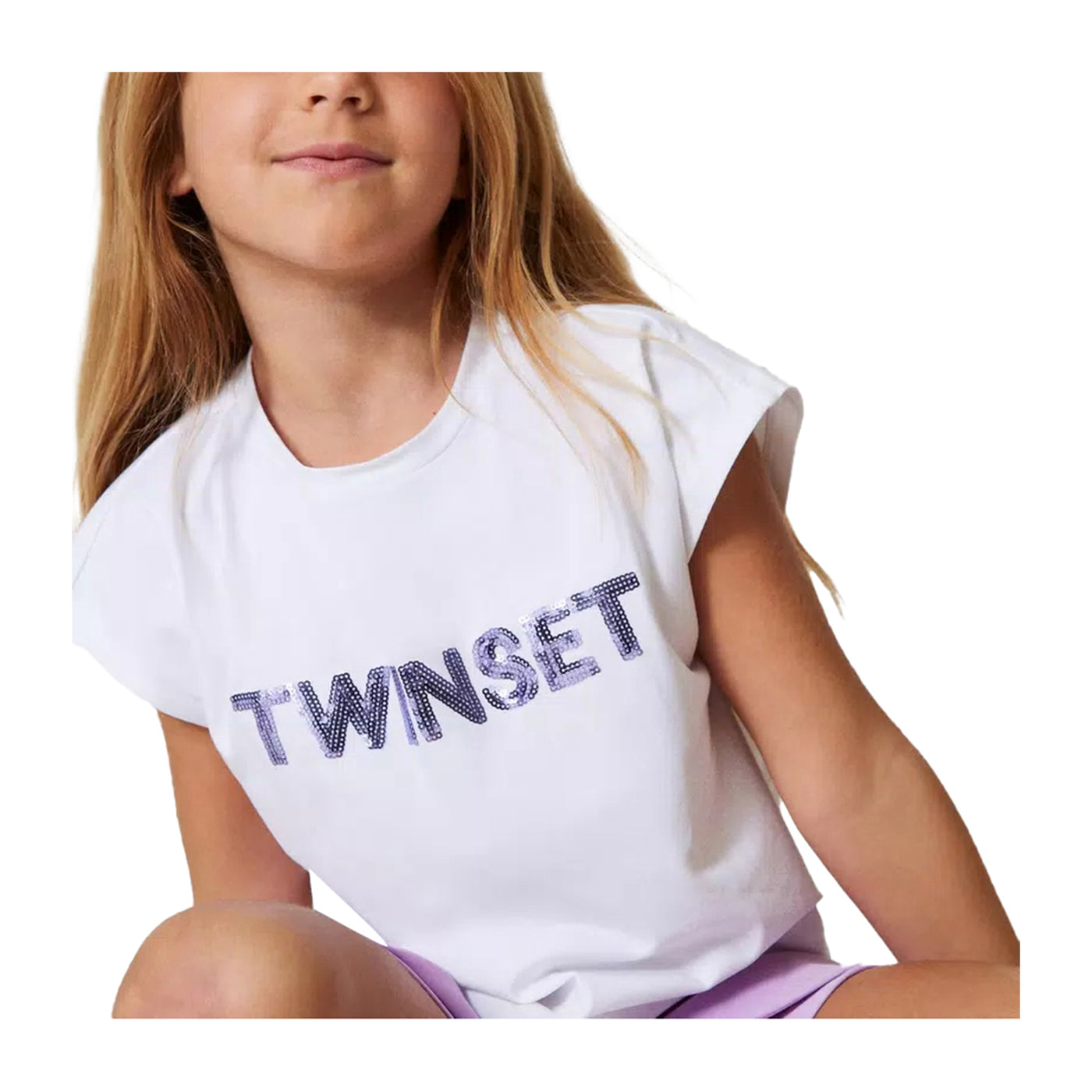 T-shirt Bambina Bianca con logo paillettes viola Twinset Old