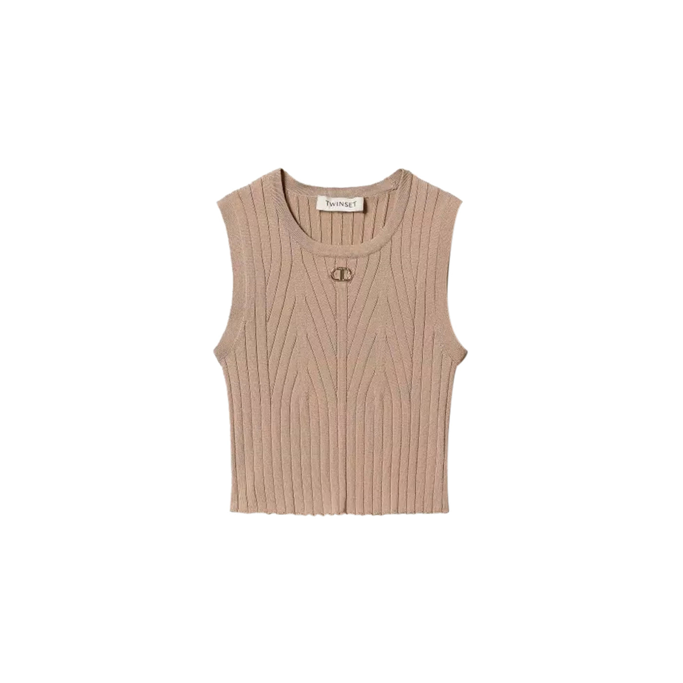 Top Bambina in maglia a coste con oval T Beige