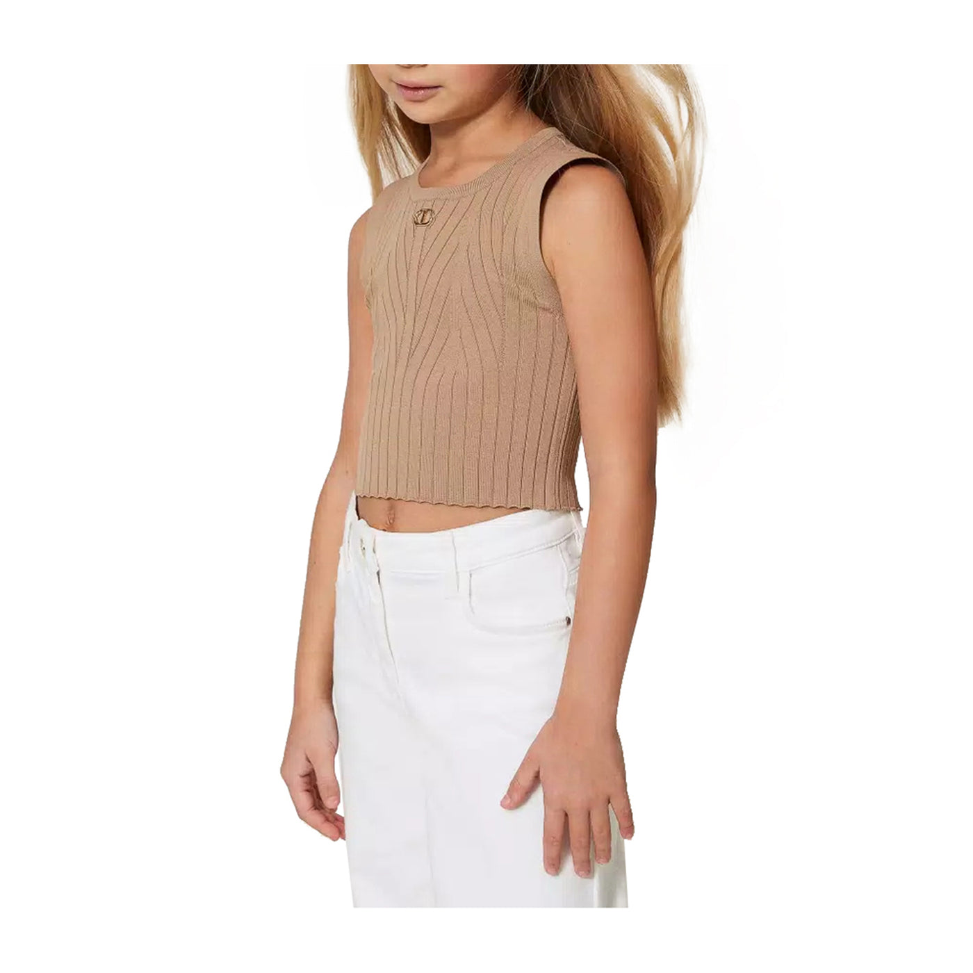 Top Bambina in maglia a coste con oval T Beige modella frontale