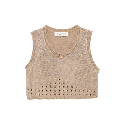 Top Bambina con fori decorativi e logo metallico