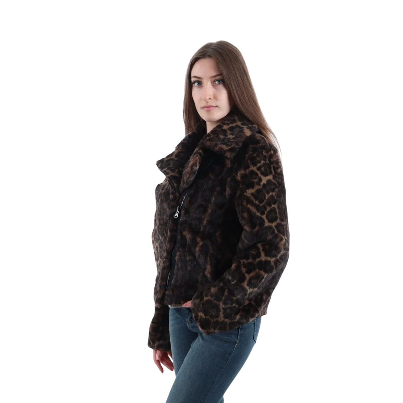 Giubbino Donna leopardato, con zip laterale, effetto pelo