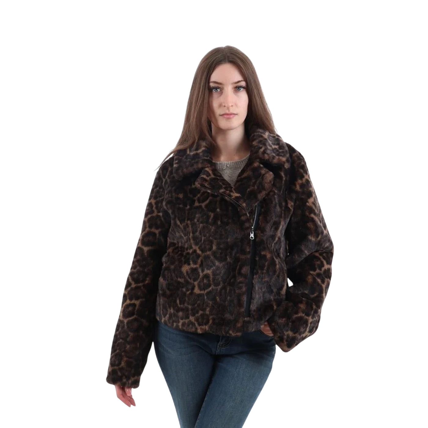 Giubbino Donna leopardato, con zip laterale, effetto pelo