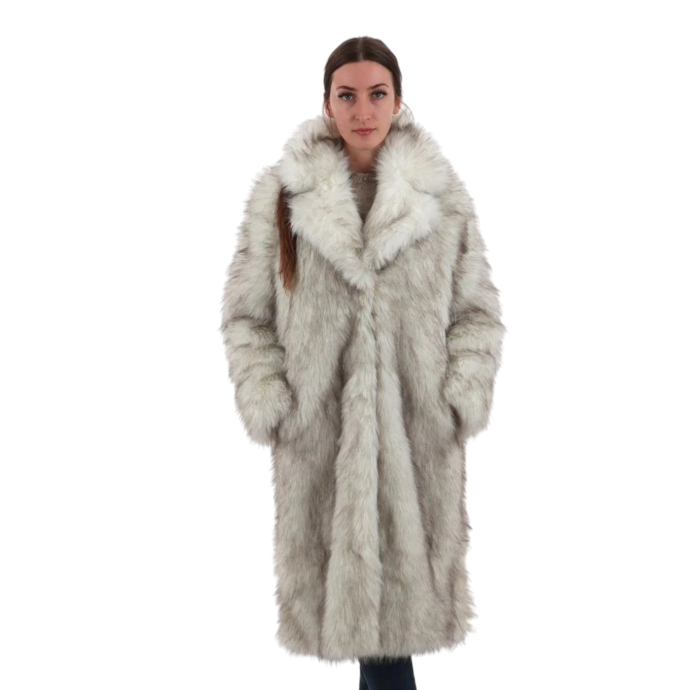 Cappotto Donna in eco pelliccia, con collo revers e tasche a filo