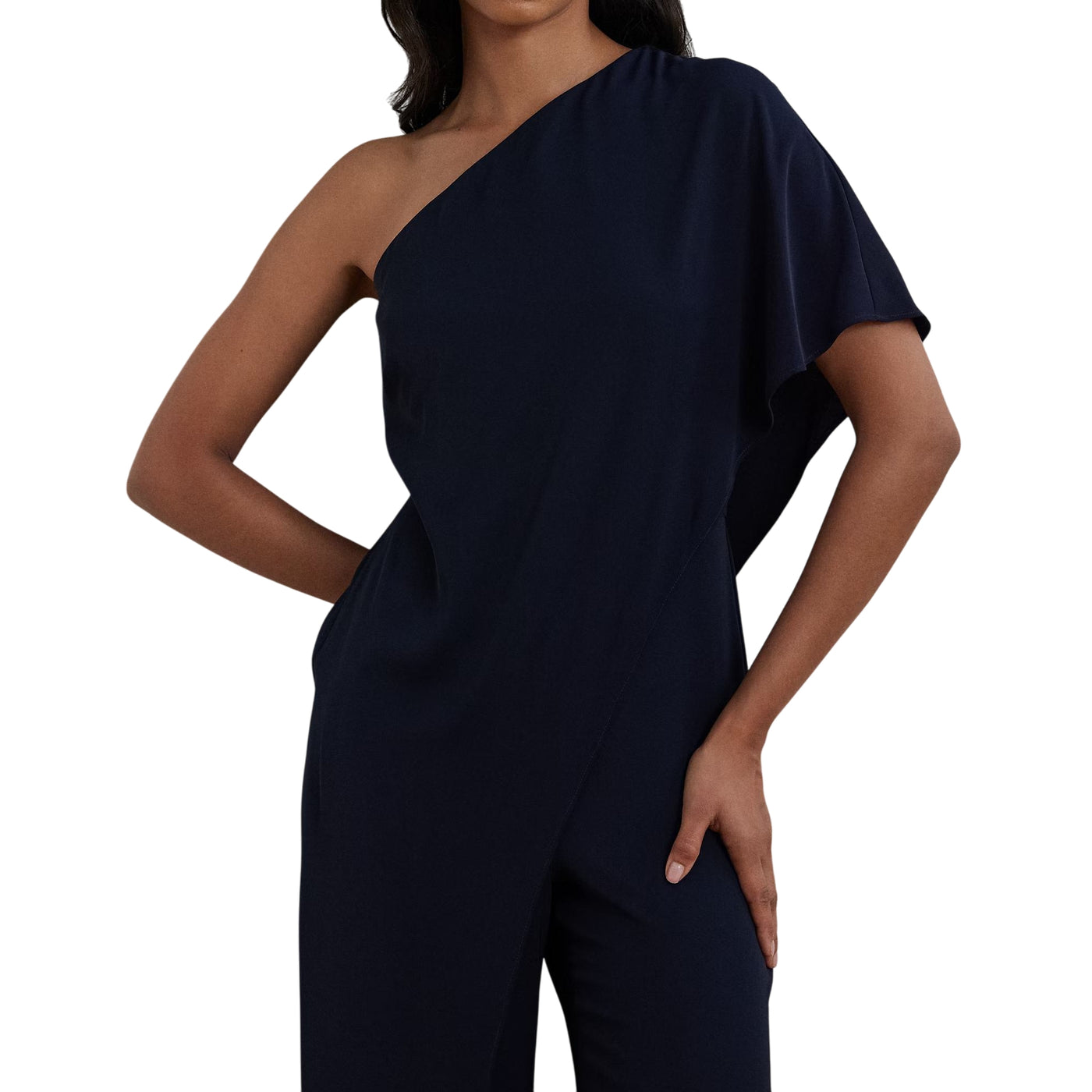 Tuta Donna a mantella monospalla Navy modella frontale ravvicinata