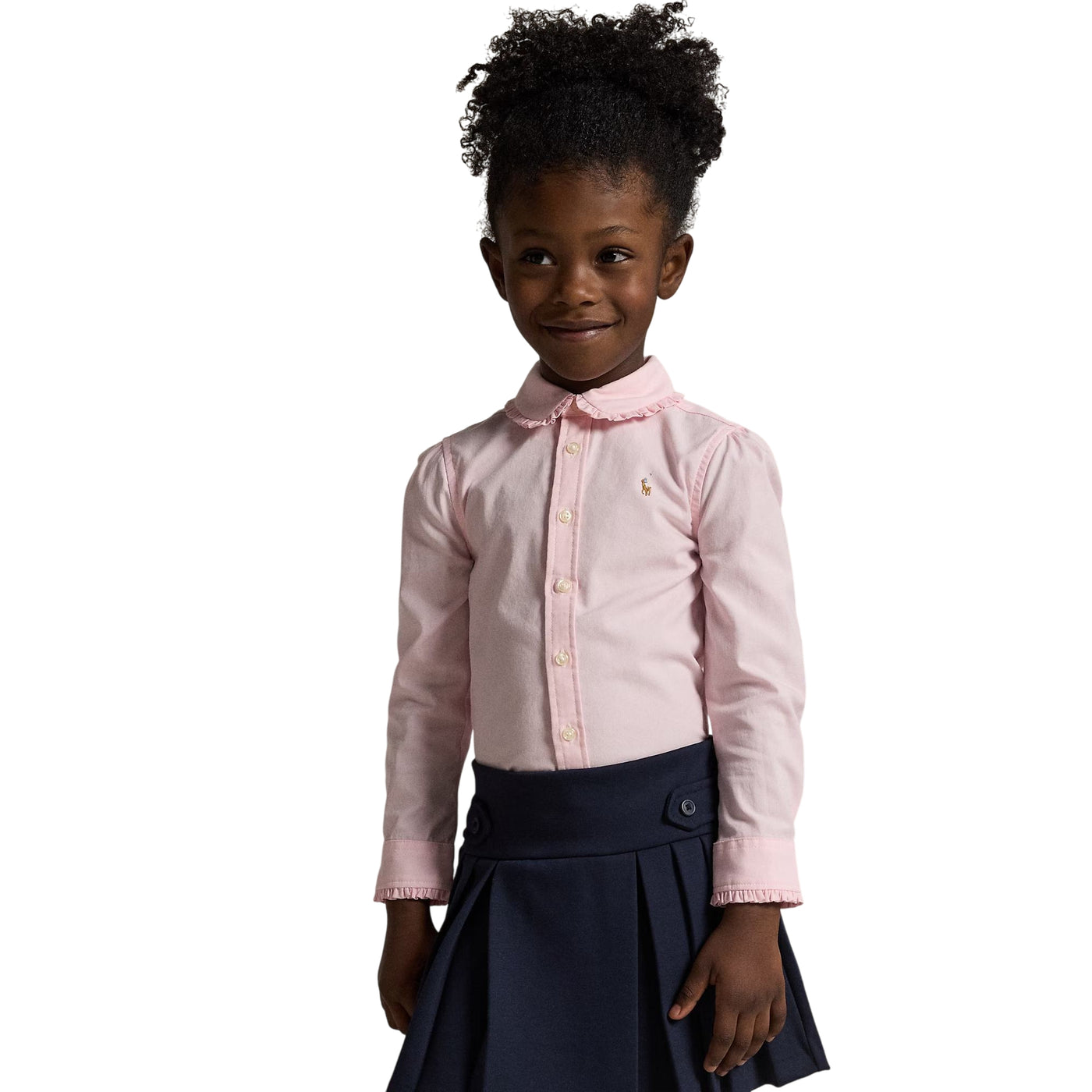 Camicia Bambina in cotone con volant rosa modella frontale