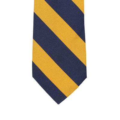 Cravatta bambino dal design a righe navy e oro dettaglio punta