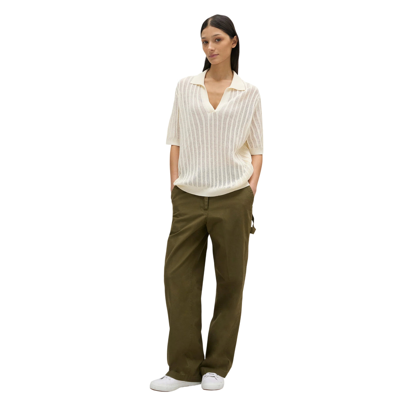 Polo Donna in misto lino e cotone Naturale modella frontale