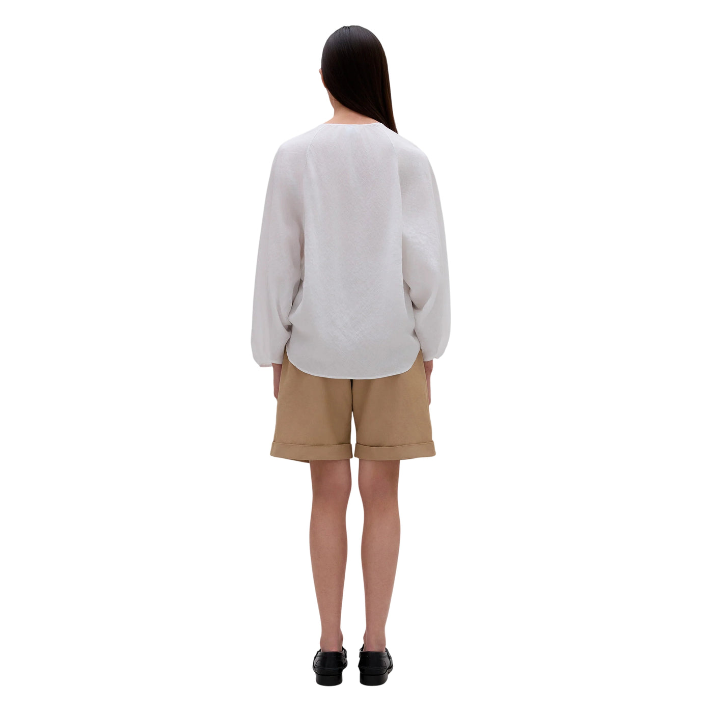 Blusa Donna in Lino leggero Bianco modella retro