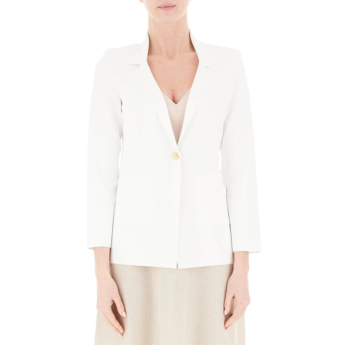 Blazer monopetto bianco da donna con spalle imbottite modella frontale