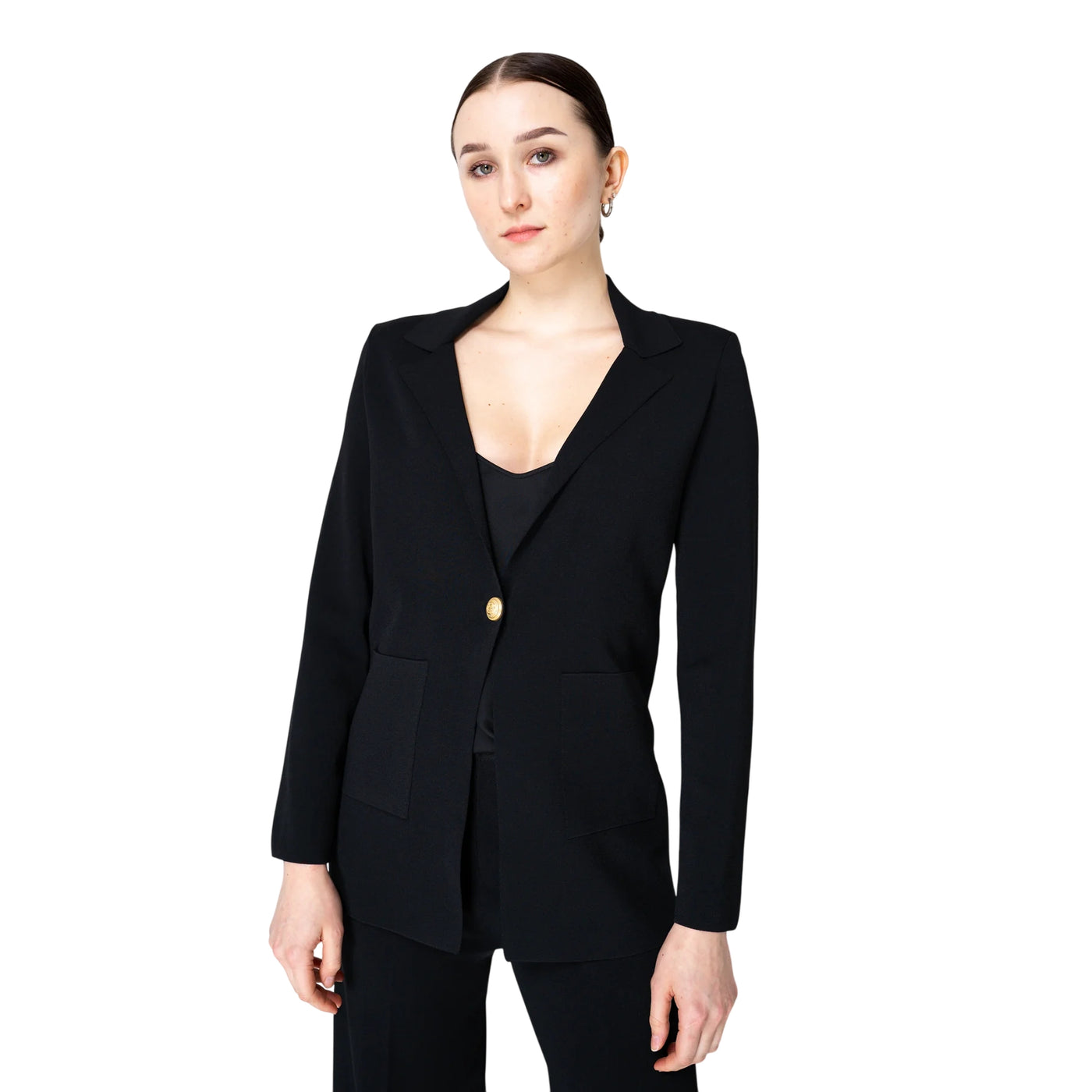 Blazer monopetto nero da donna con spalle imbottite