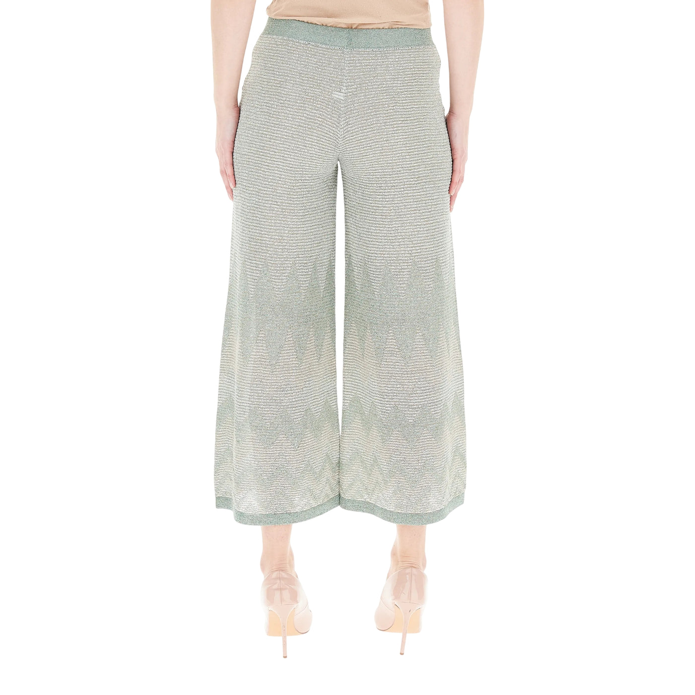 Pantaloni Donna a palazzo in lurex verde modella retro