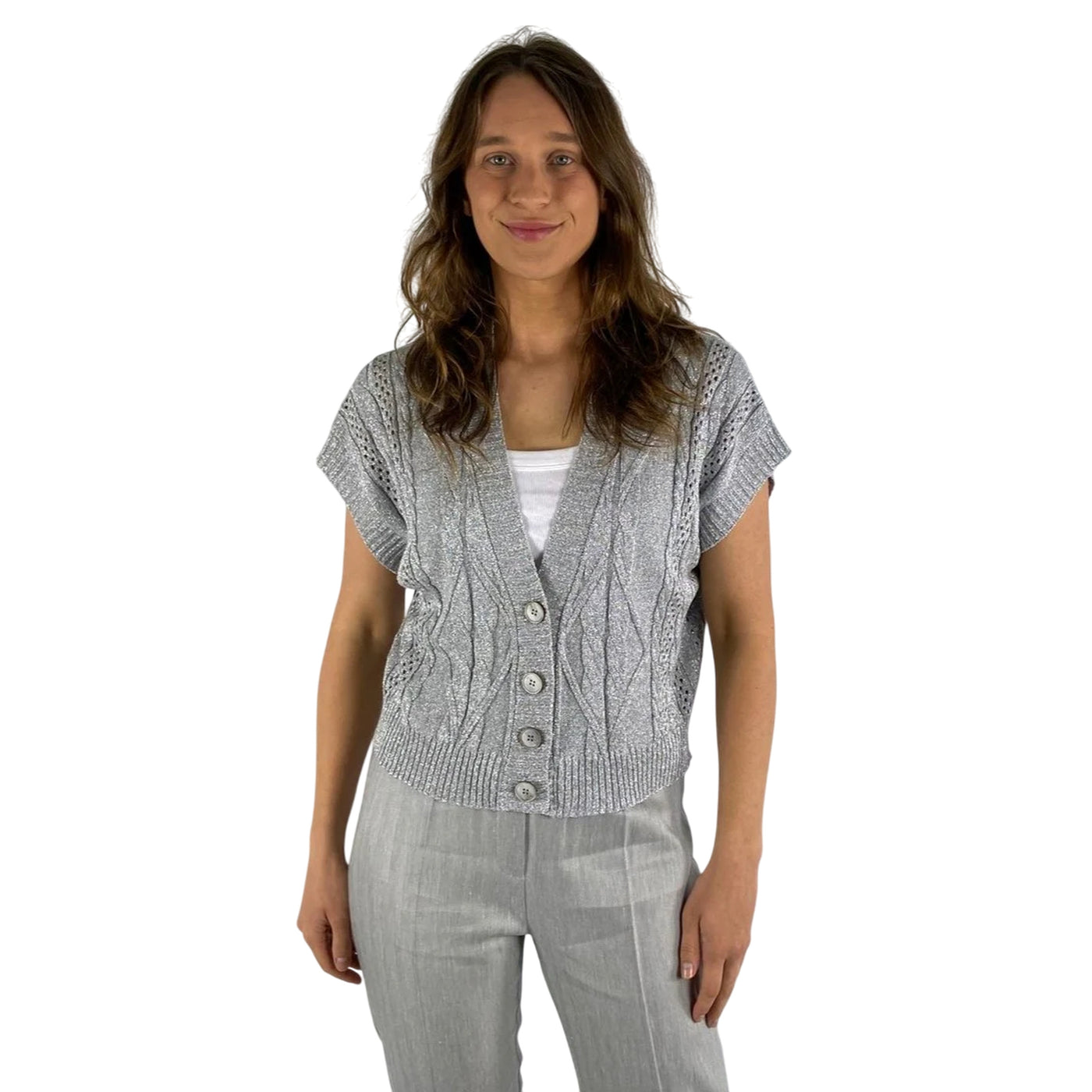 Cardigan da Donna smanicato motivo intrecciato modella frontale