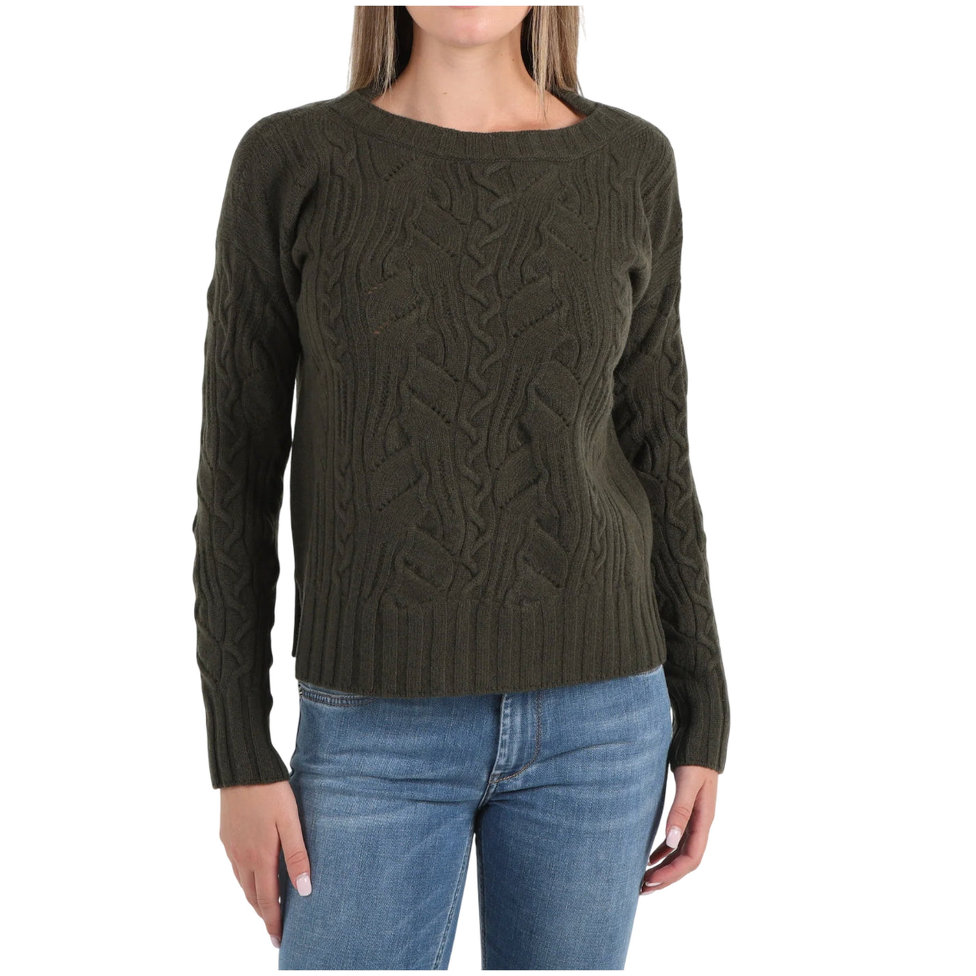 Maglia Donna a trecce, in lana verde, con bordi a coste 