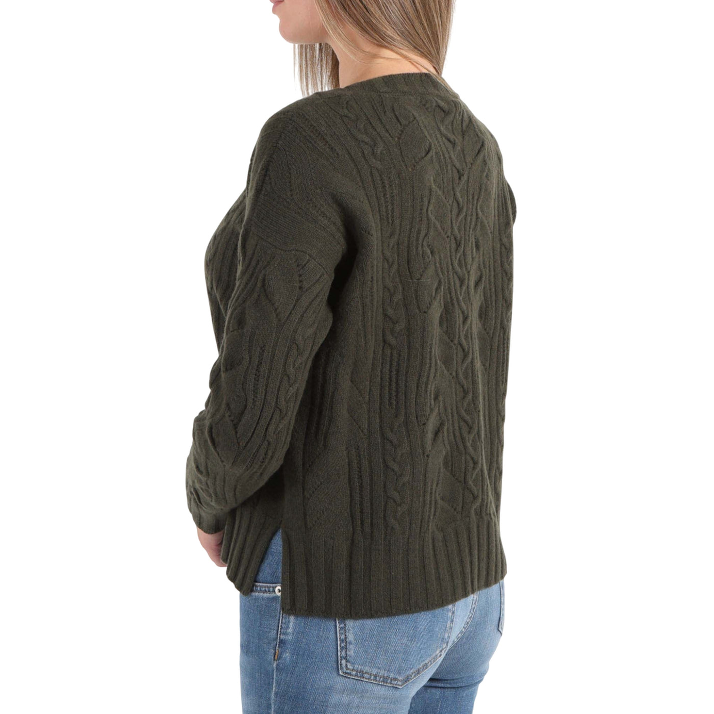 Maglia Donna a trecce, in lana verde, con bordi a coste 