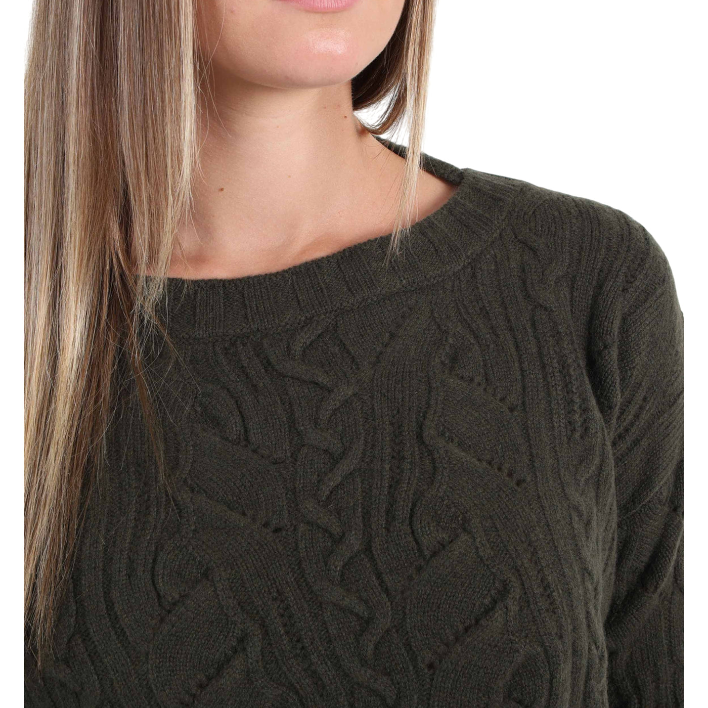 Maglia Donna a trecce, in lana verde, con bordi a coste 