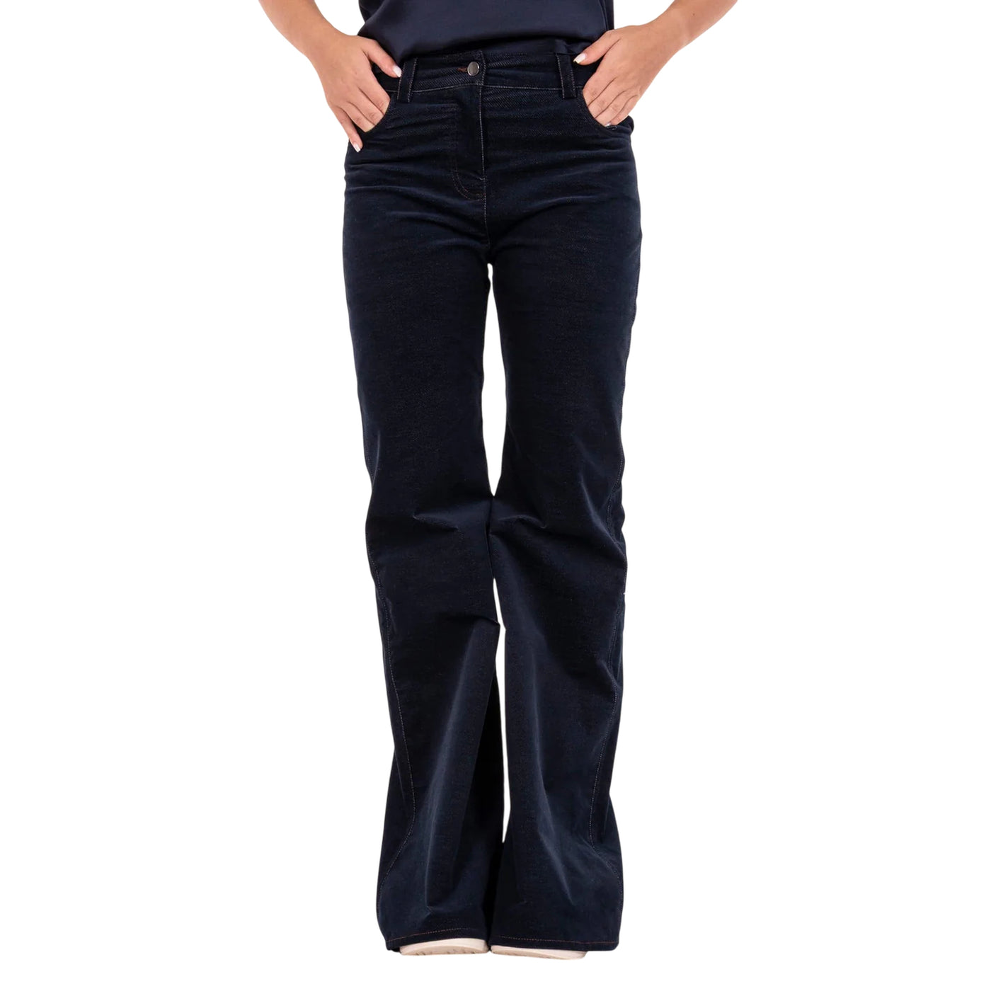Pantalone Donna in velluto a costine, modello flare con tasche posteriori applicate