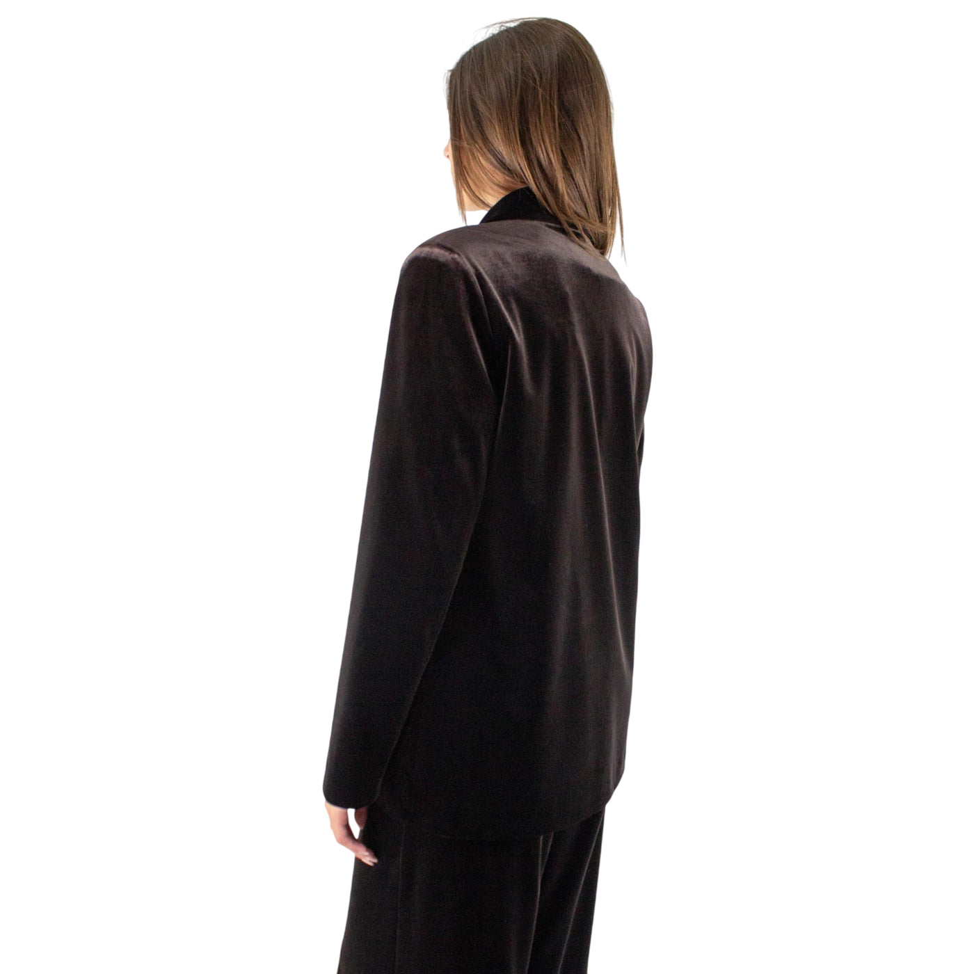 Blazer Donna in velluto taglio morbido marrone modella retro