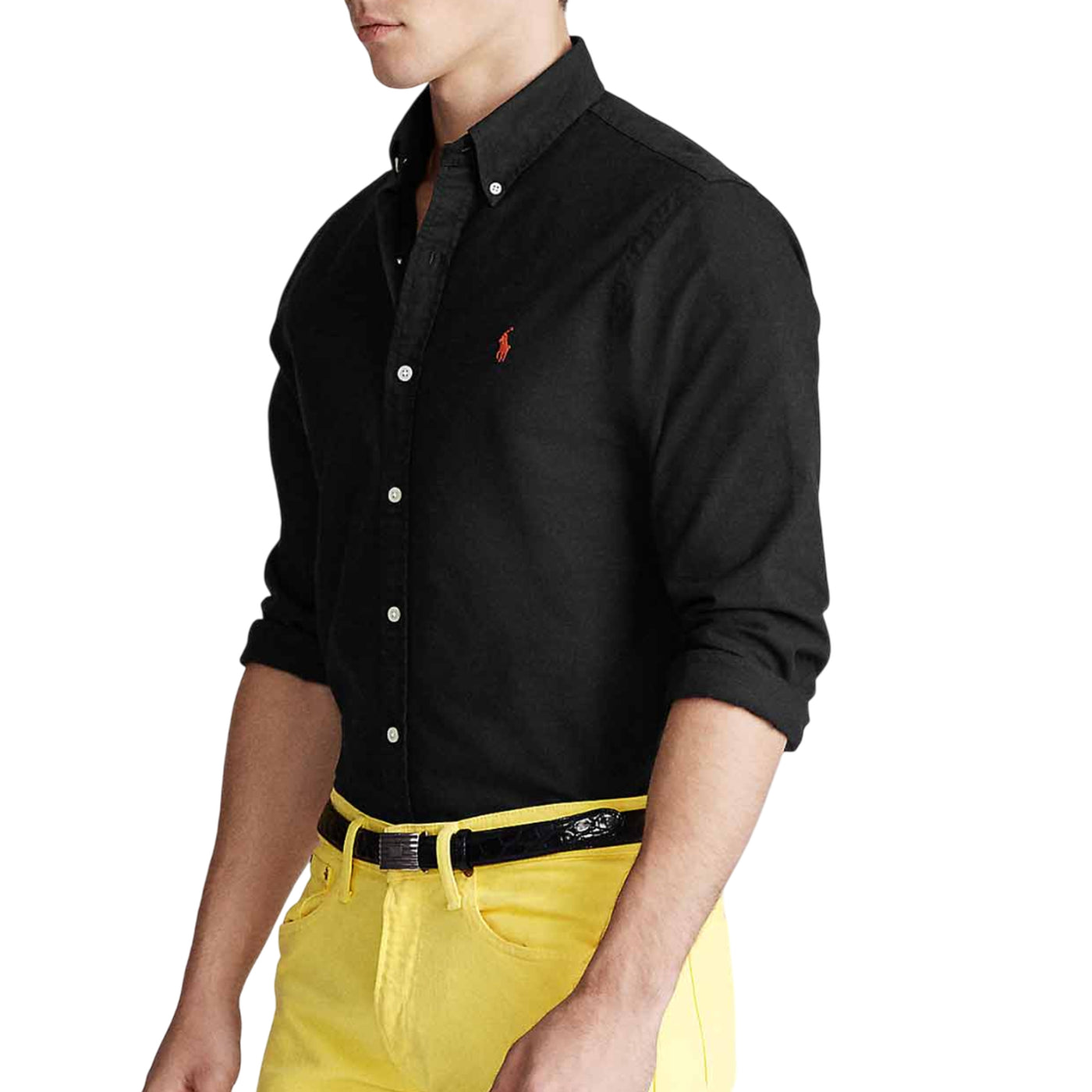 Camicia Uomo Nera con pony Rosso ricamato sul petto e fit slim