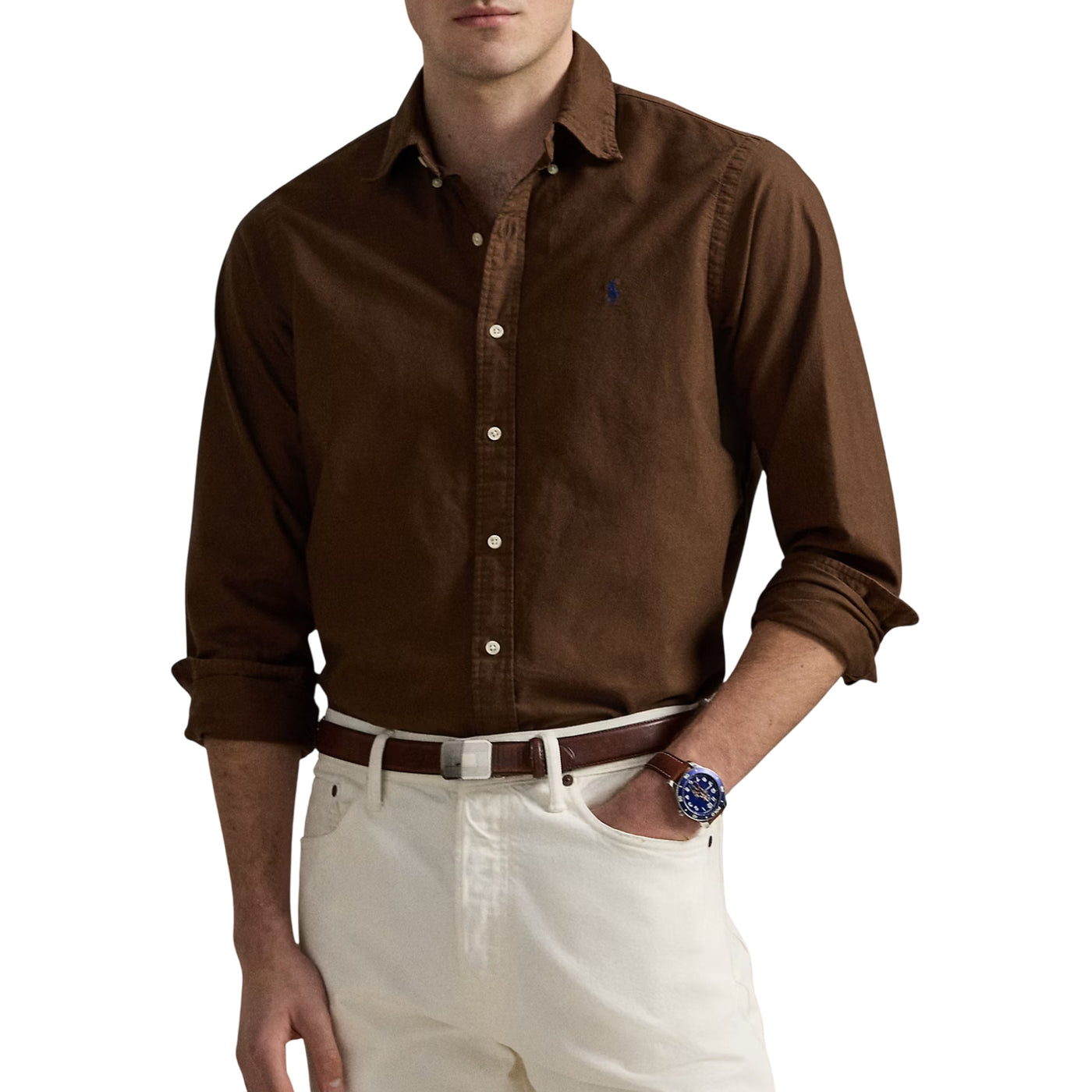 Camicia Uomo Oxford aderente, con ricamo pony Blu