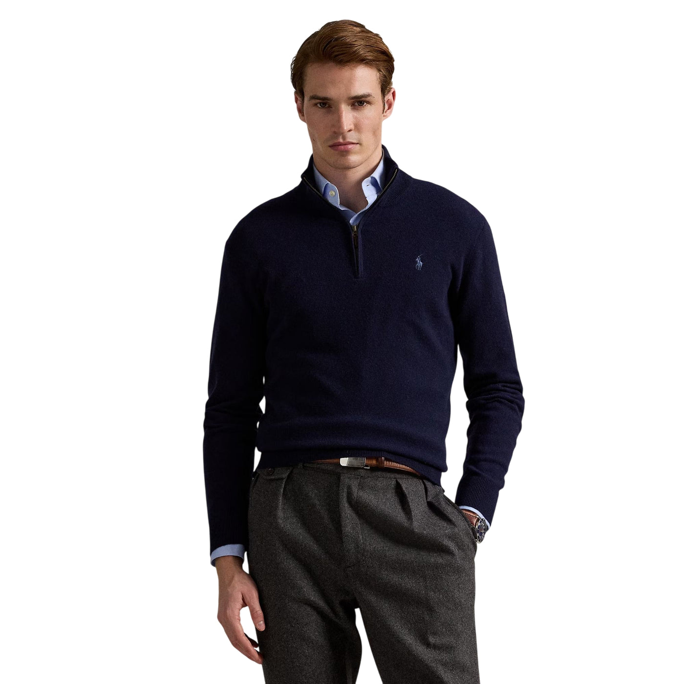 Maglia Uomo in lana con cerniera Navy modello frontale