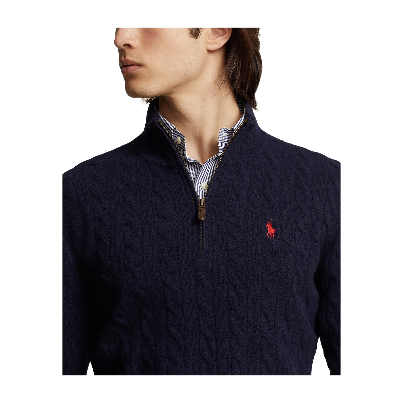 Dettaglio ravvicinato Maglia a trecce con mezza zip Navy