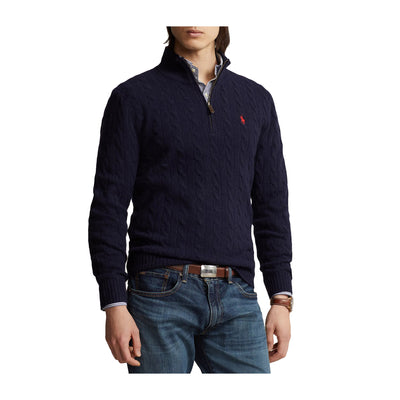 Maglia a trecce con mezza zip Navy