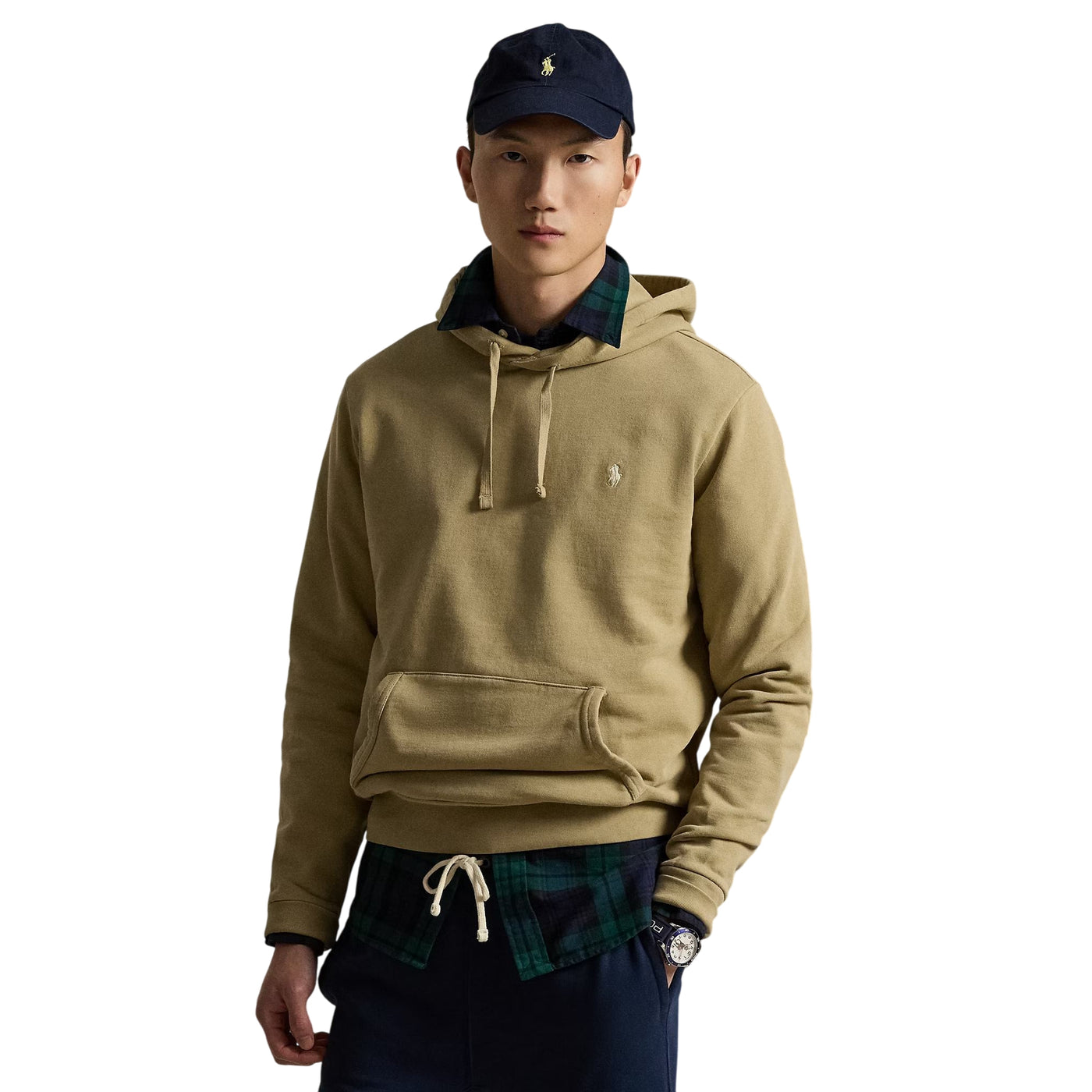 Felpa Uomo con cappuccio in cotone loopback Beige modello frontale