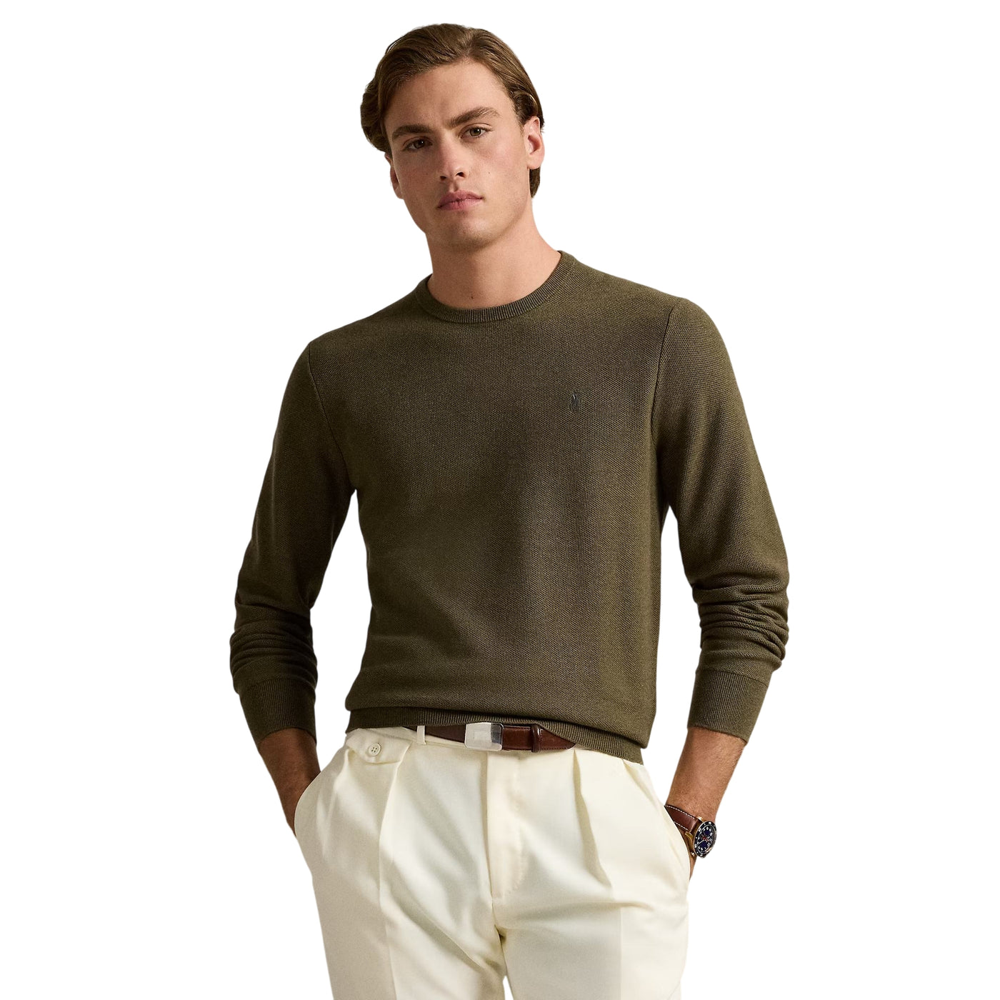 Maglia Uomo girocollo in piqué di cotone Verde militare modello frontale