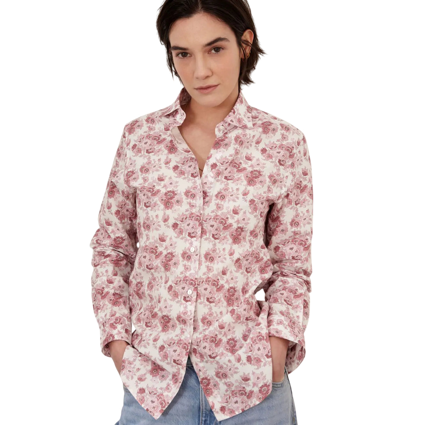Camicia da Donna con fantasia fiori rosa modella frontale