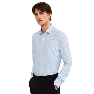 Camicia Uomo Celeste con motivo a righe, slim fit e con polsini quadrati 