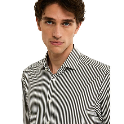 Camicia Uomo Marrone con motivo a righe, slim fit e con polsini quadrati 