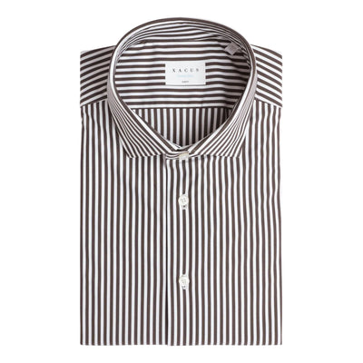 Camicia Uomo Marrone con motivo a righe, slim fit e con polsini quadrati 