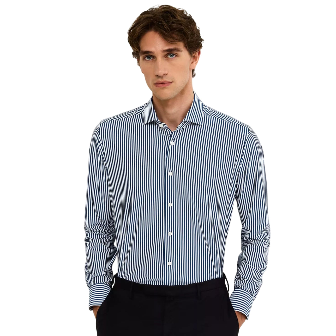 Camicia Uomo Blu a righe verticali con polsini arrotondati